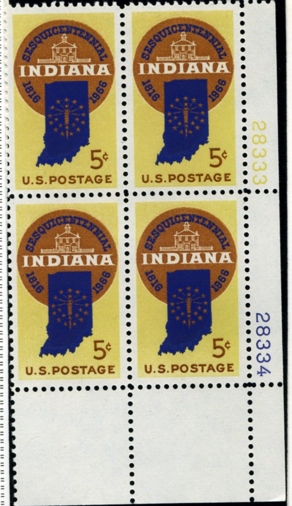 Scott 1308 5 Cent Stamp Indiana Statehood Plate Block