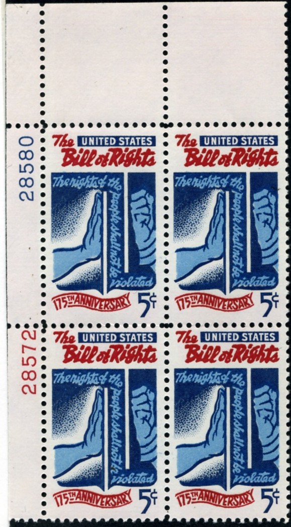 Scott 1312 5 Cent Stamp Bill of Rights Plate Block