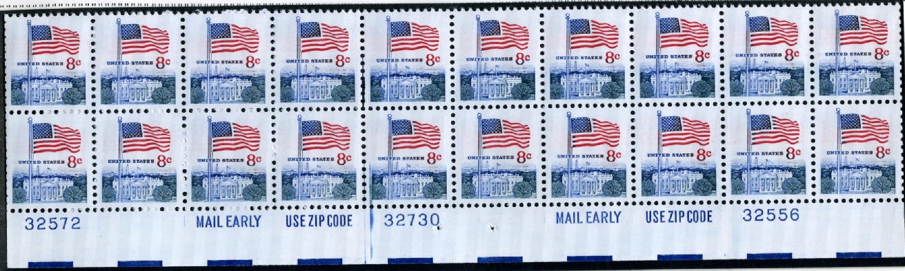 Scott 1338F 8 Cent Stamp Flag and White House perforated 11 x 10 1/2 Plate Block