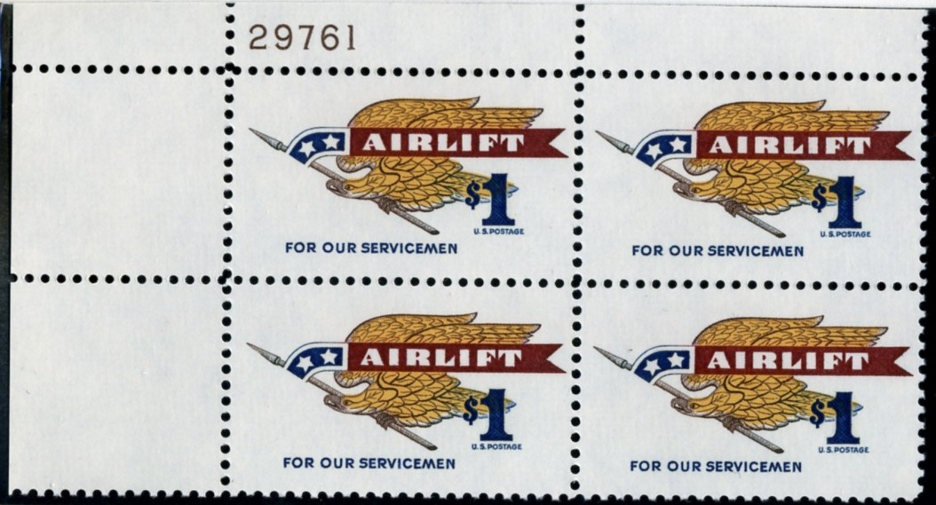 Scott 1341 $1 Dollar Stamp Airlift Plate Block