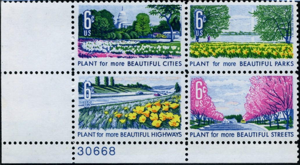 Scott 1365 to 1368 6 Cent Stamps Beautification Plate Block