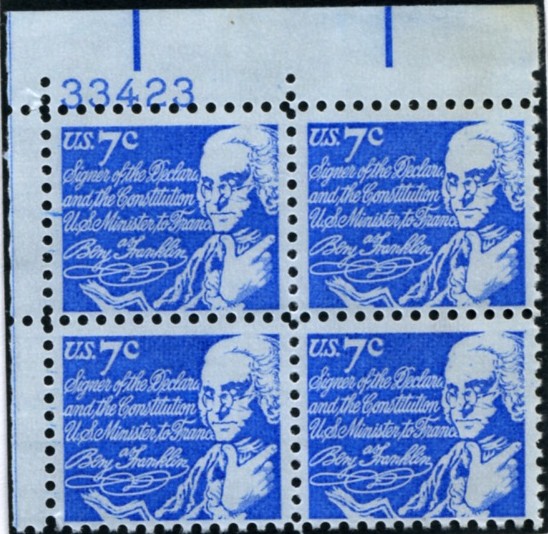 Scott 1393D 7 Cent Stamp Benjamin Franklin Plate Block