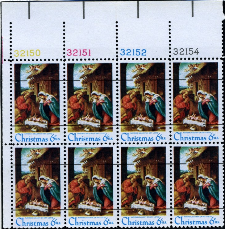 Scott 1414a 6 Cent Stamp Christmas Manger Scene precanceled Plate Block