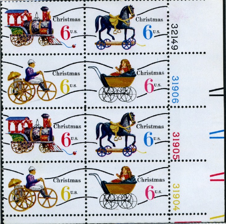 Scott 1415a to 1418a 6 Cent Precanceled Stamps Christmas Toys Plate Block