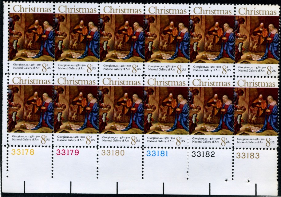 Scott 1444 8 Cent Stamp Christmas Manger Scene by Giorgione Plate Block