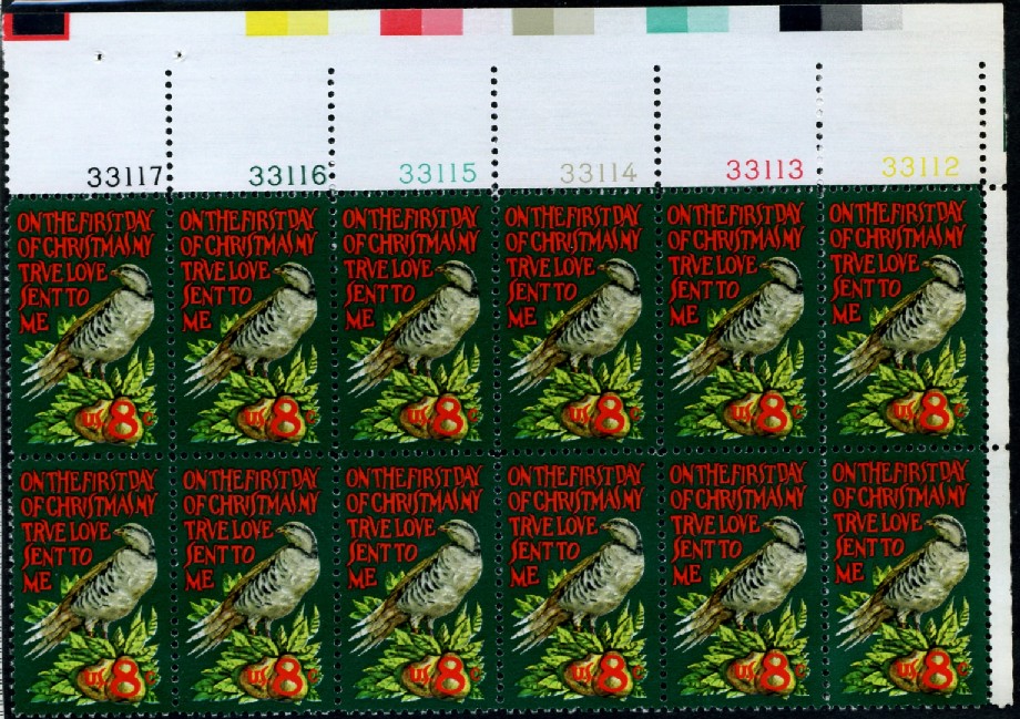 Scott 1445 8 Cent Stamp Christmas Partridge in a Pear Tree Plate Block