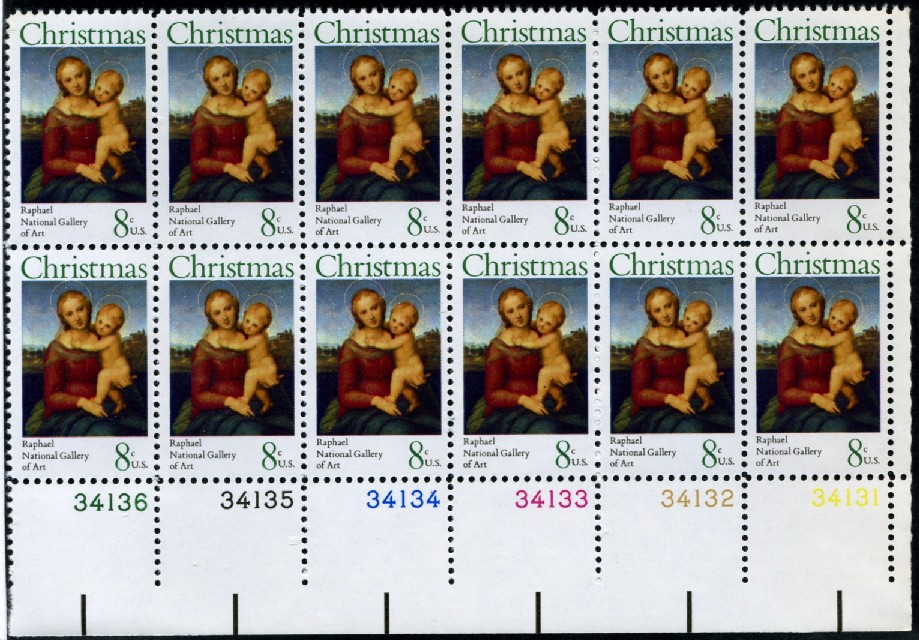 Scott 1507 8 Cent Stamp Christmas Madonna and Child by Raphael Plate Block
