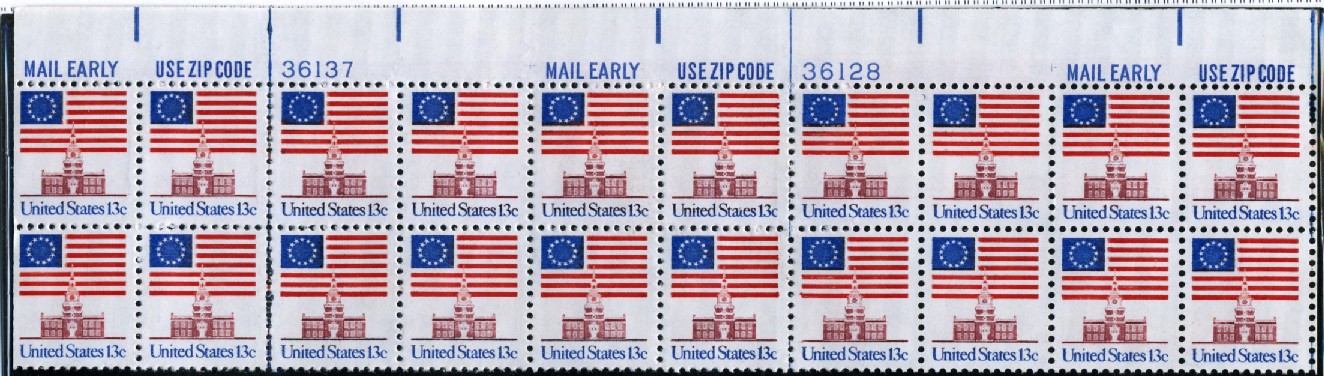 Scott 1622 13 Cent Stamp Flag and Independence Hall Plate Block