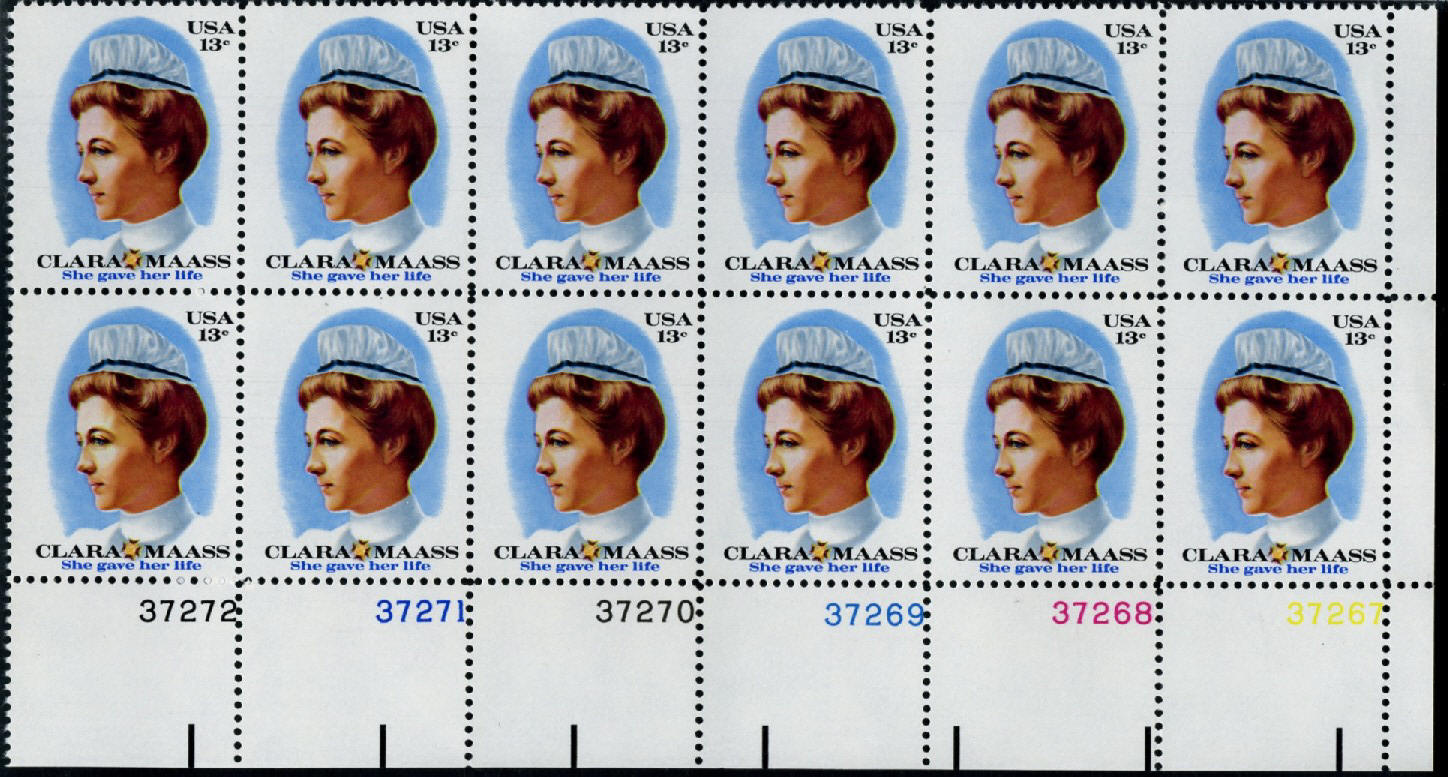 Scott 1699 13 Cent Stamp Clara Maass Plate Block