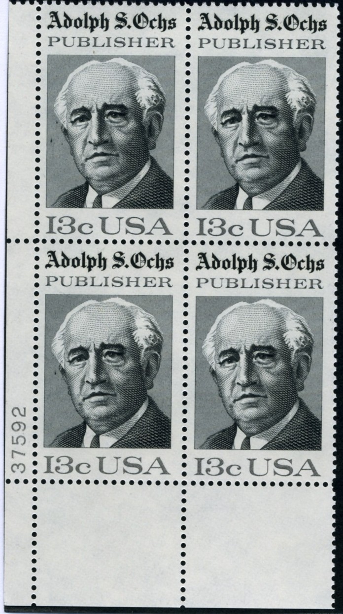 Scott 1700 13 Cent Stamp Adolf S Ochs Plate Block