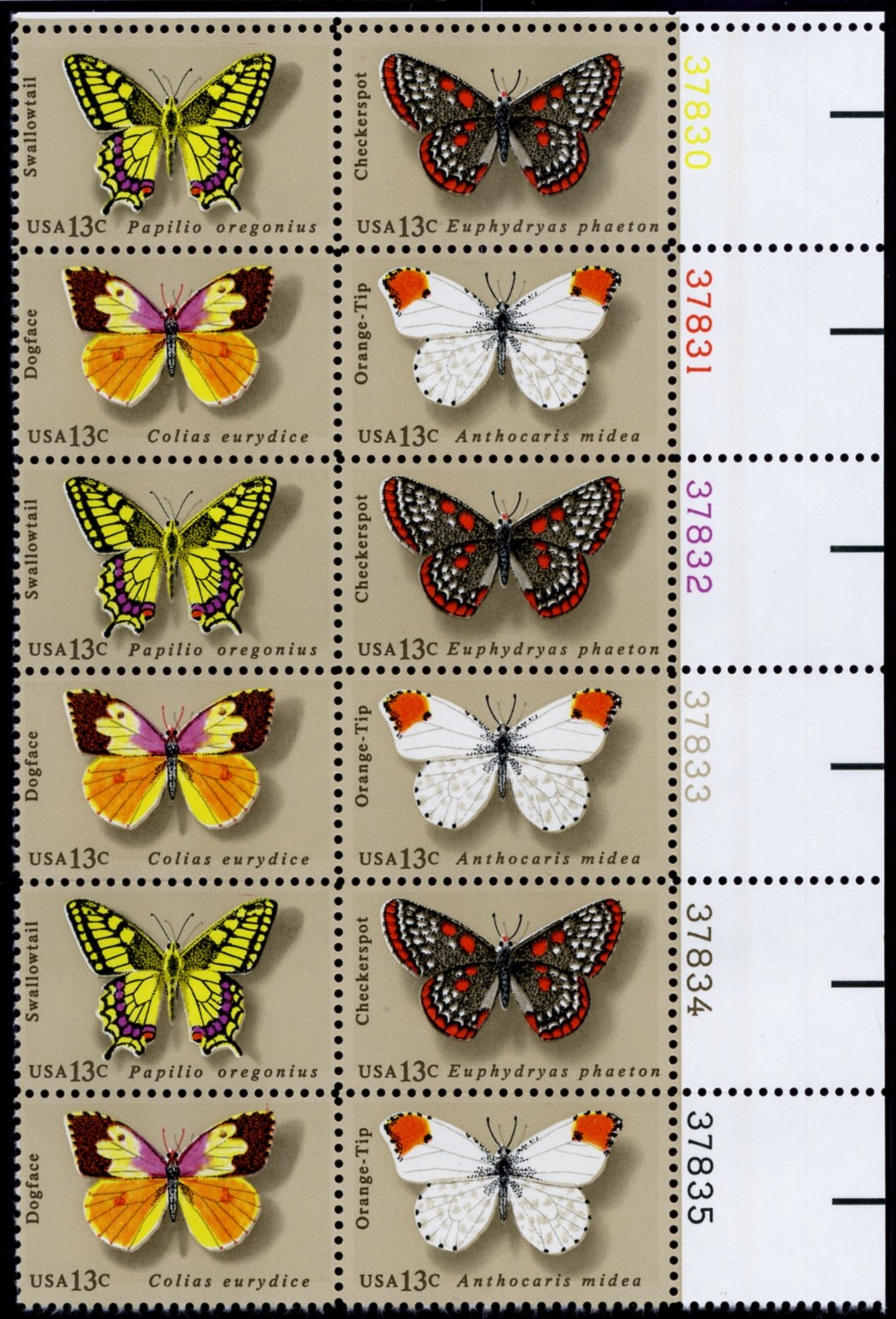 Scott 1712 to 1715 13 Cent Stamp Butterflies Plate Block