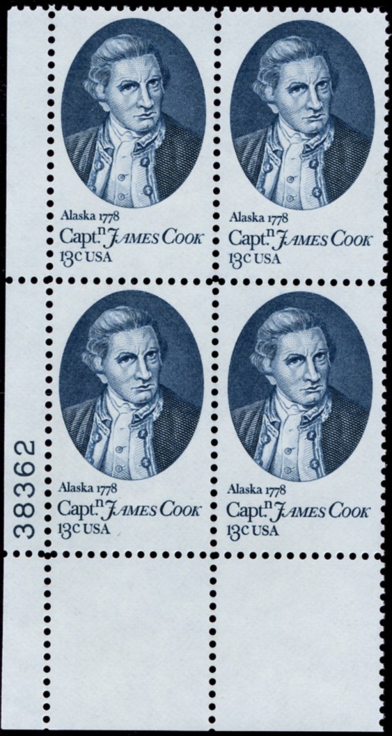 Scott 1732 13 Cent Stamp Captain James Cook in Alaska Plate Block