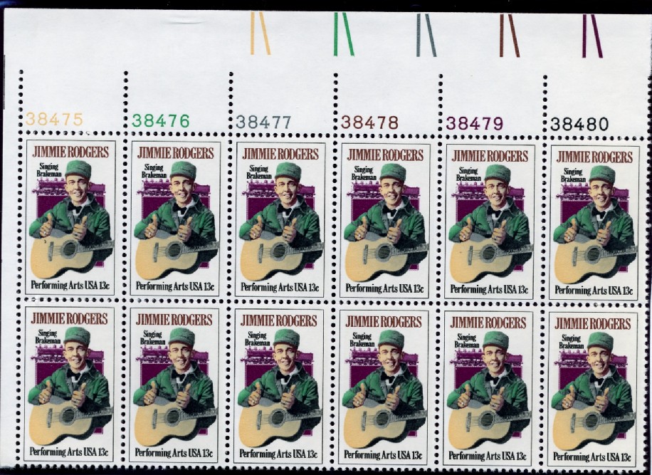 Scott 1755 13 Cent Stamp Jimmie Rodgers Plate Block