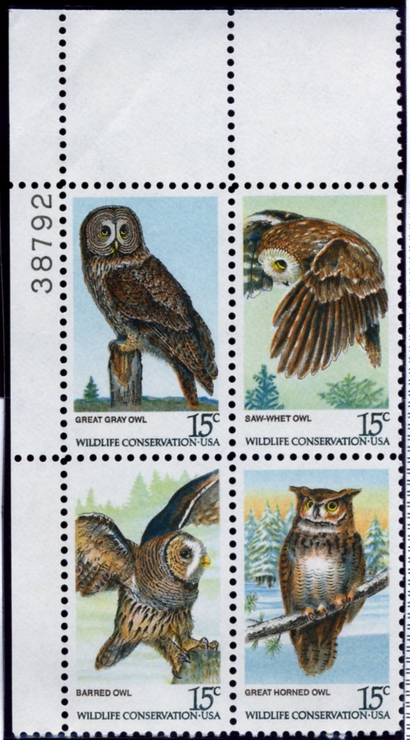 Scott 1760 to 1763 15 Cent Stamps Owl Conservation Plate Block