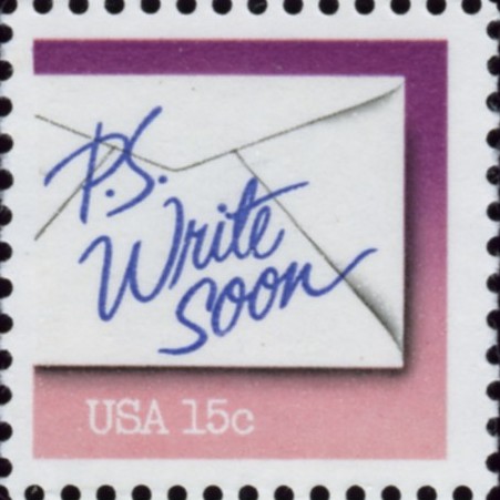Scott 1806 15 Cent Stamp PS Write Soon Violet and Pink
