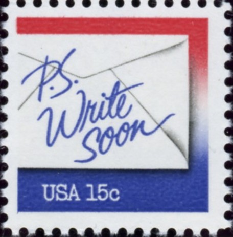 Scott 1810 15 Cent Stamp PS Write Soon Scarlet and Blue