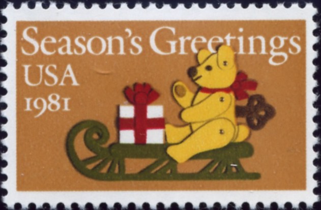 Scott 1940 20 Cent Christmas Stamp Teddy Bear On Sleigh