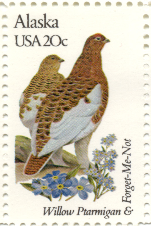 Scott 1954 20 Cent Stamp State Birds and Flowers Alaska Willow Ptarmigan and Forget Me Not