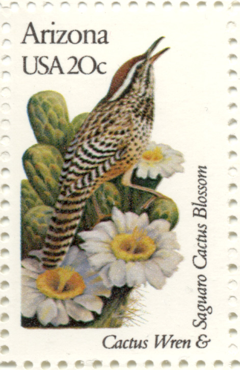 Scott 1955 20 Cent Stamp State Birds and Flowers Arizona Cactus Wren and Saguaro Cactus Blossom