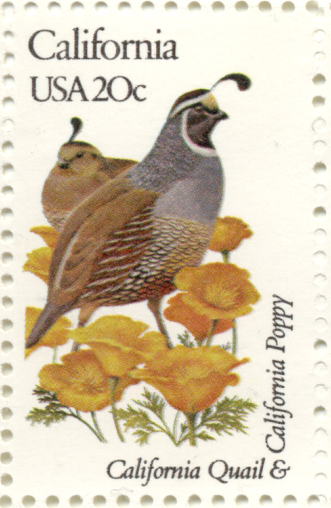 Scott 1957 20 Cent Stamp State Birds and Flowers California Quail and California Poppy