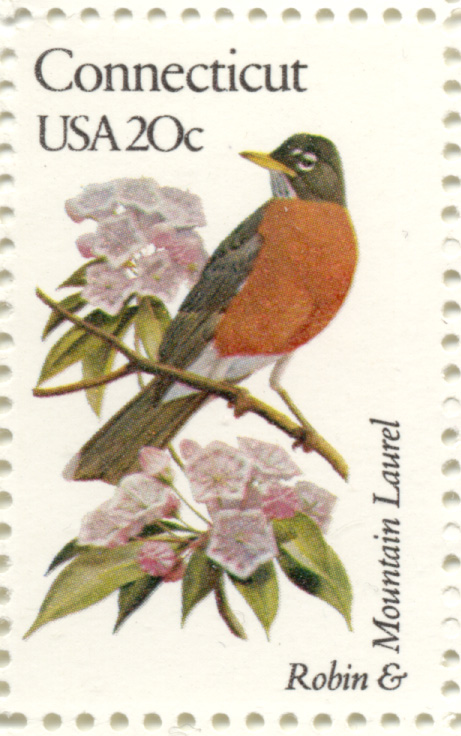 Scott 1959 20 Cent Stamp State Birds and Flowers Connecticut Robin and Mountain Laurel