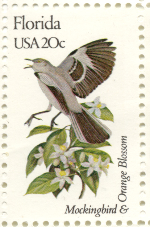 Scott 1961 20 Cent Stamp State Birds and Flowers Florida Mockingbird and Orange Blossom