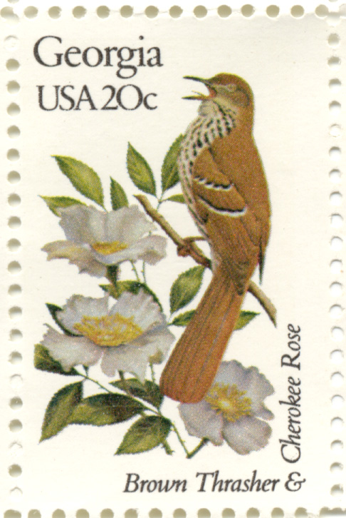 Scott 1962 20 Cent Stamp State Birds and Flowers Georgia Brown Thrasher and Cherokee Rose
