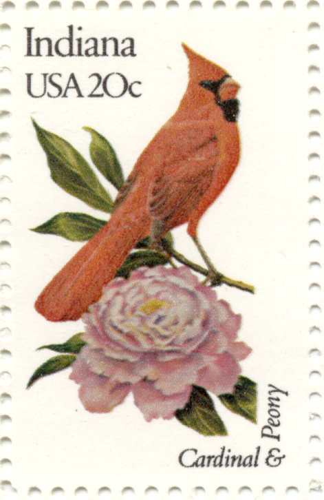 Scott 1966 20 Cent Stamp State Birds and Flowers Indiana Cardinal and Peony