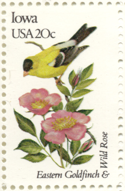 Scott 1967 20 Cent Stamp State Birds and Flowers Iowa Eastern Goldfinch and Wild Rose