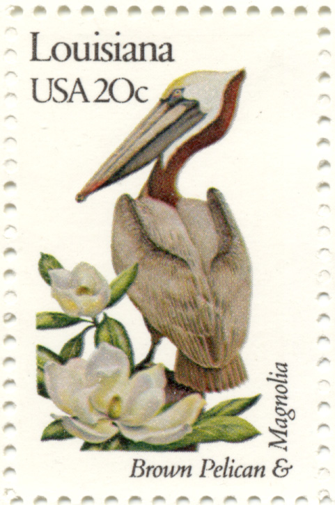 Scott 1970 20 Cent Stamp State Birds and Flowers Louisiana Brown Pelican and Magnolia