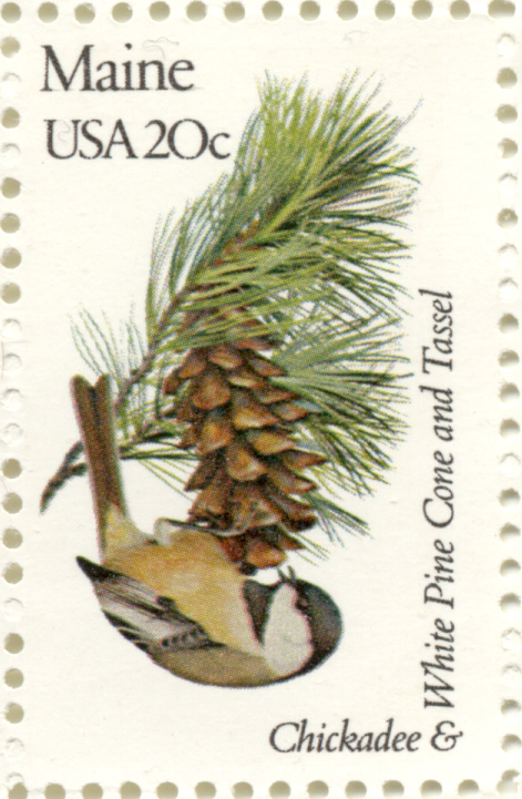 Scott 1971 20 Cent Stamp State Birds and Flowers Maine Chickadee and White Pine Cone and Tassel
