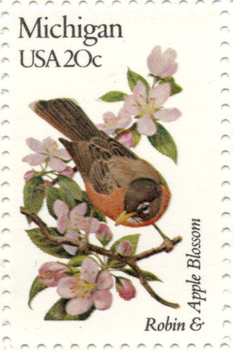 Scott 1974 20 Cent Stamp State Birds and Flowers Michigan Robin and Apple Blossom