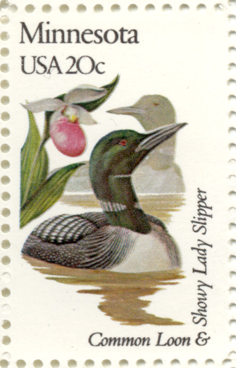 Scott 1975 20 Cent Stamp State Birds and Flowers Minnesota Common Loon and Showy Lady Slipper