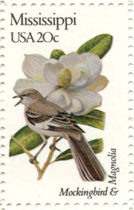 Scott 1976 20 Cent Stamp State Birds and Flowers Mississippi Mockingbird and Magnolia