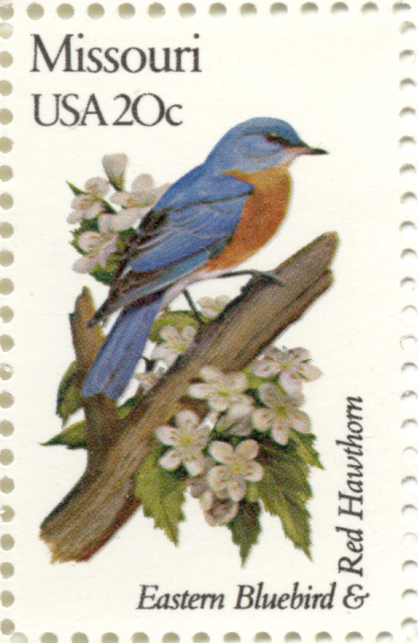 Scott 1977 20 Cent Stamp State Birds and Flowers Missouri Eastern Bluebird and Red Hawthorn