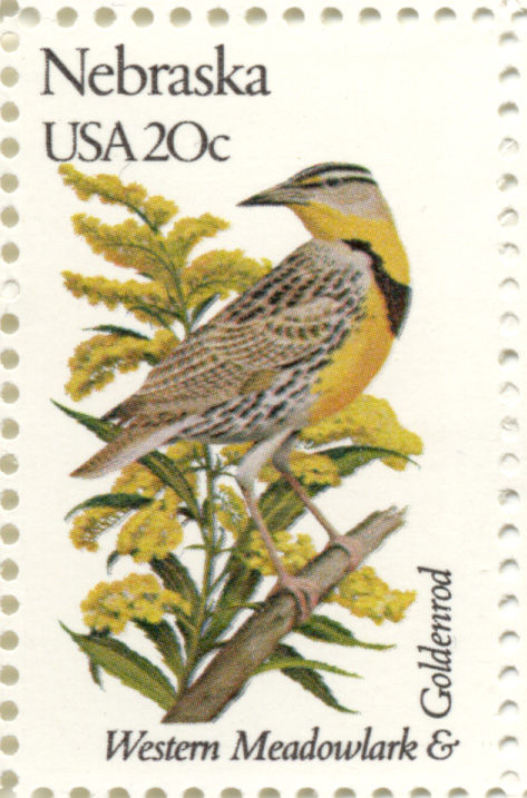 Scott 1979 20 Cent Stamp State Birds and Flowers Nebraska Western Meadowlark and Goldenrod