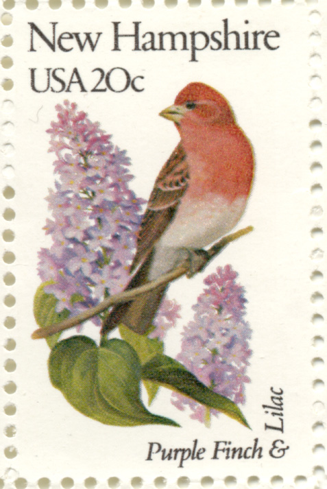 Scott 1981 20 Cent Stamp State Birds and Flowers New Hampshire Purple Finch and Lilac