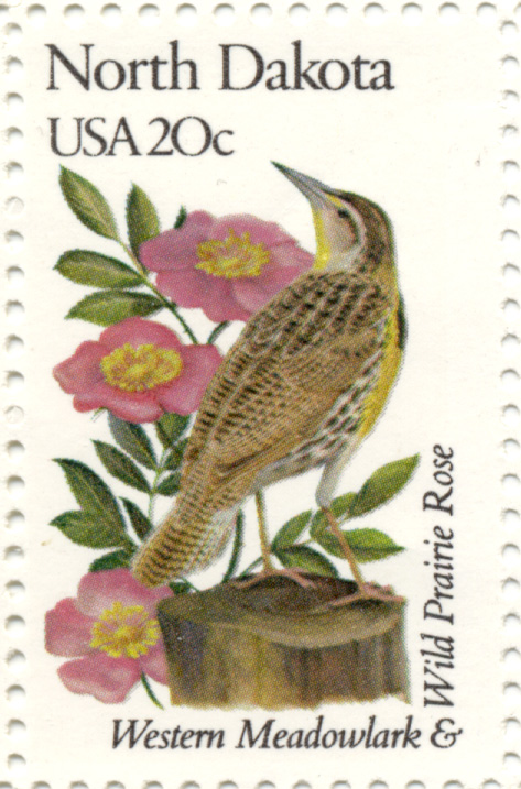 Scott 1986 20 Cent Stamp State Birds and Flowers North Dakota Western Meadowlark and Wild Prairie Rose