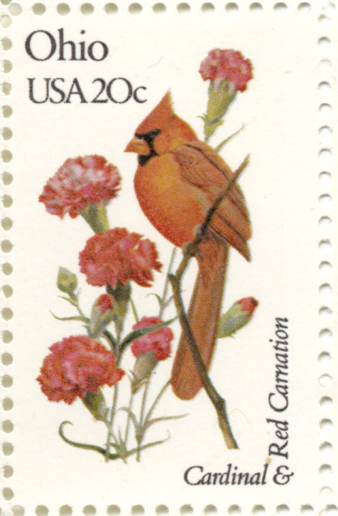 Scott 1987 20 Cent Stamp State Birds and Flowers Ohio Cardinal and Red Carnation