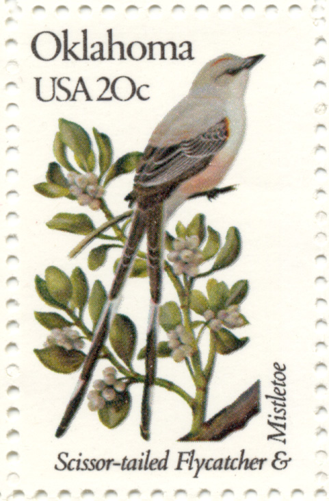 Scott 1988 20 Cent Stamp State Birds and Flowers Oklahoma Scissor-Tailed Flycatcher and Mistletoe