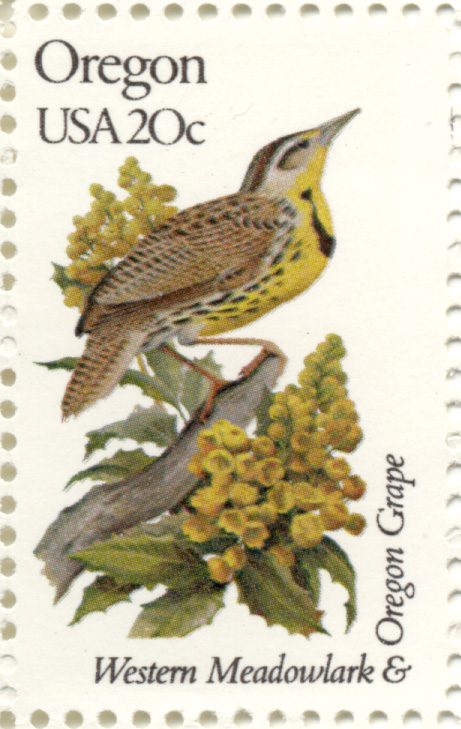 Scott 1989 20 Cent Stamp State Birds and Flowers Oregon Western Meadowlark and Oregon Grape