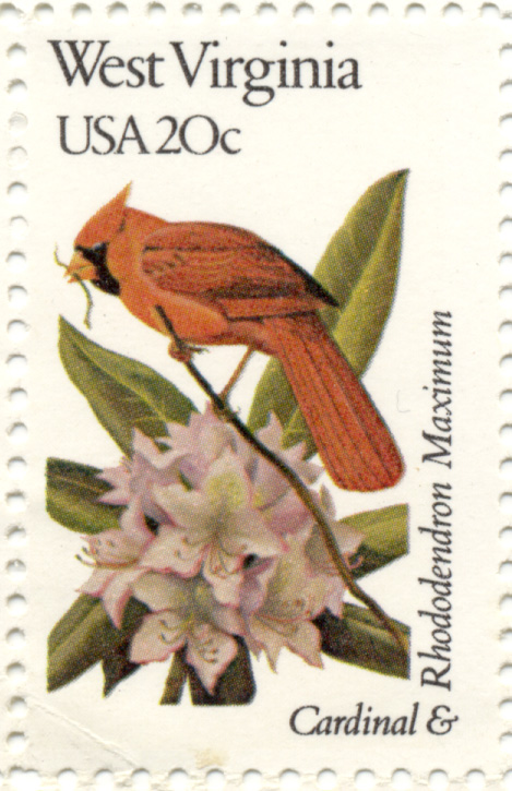 Scott 2000 20 Cent Stamp State Birds and Flowers West Virginia Cardinal and Rhododendron Maximum