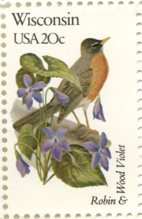 Scott 2001 20 Cent Stamp State Birds and Flowers Wisconsin Robin and Wood Violet