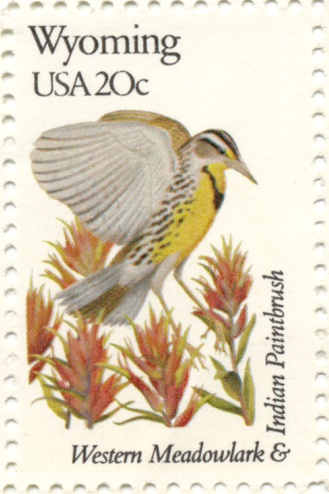 Scott 2002 20 Cent Stamp State Birds and Flowers Wyoming Western Meadowlark and Indian Paintbrush