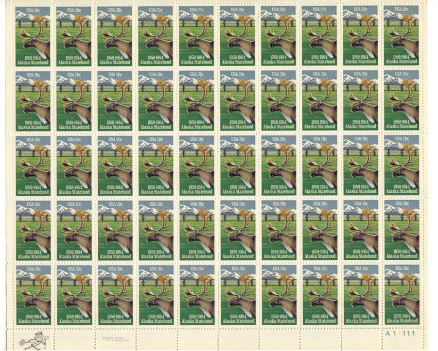 Alaska Statehood 20 Cents Stamps Full Sheet Scott 2066