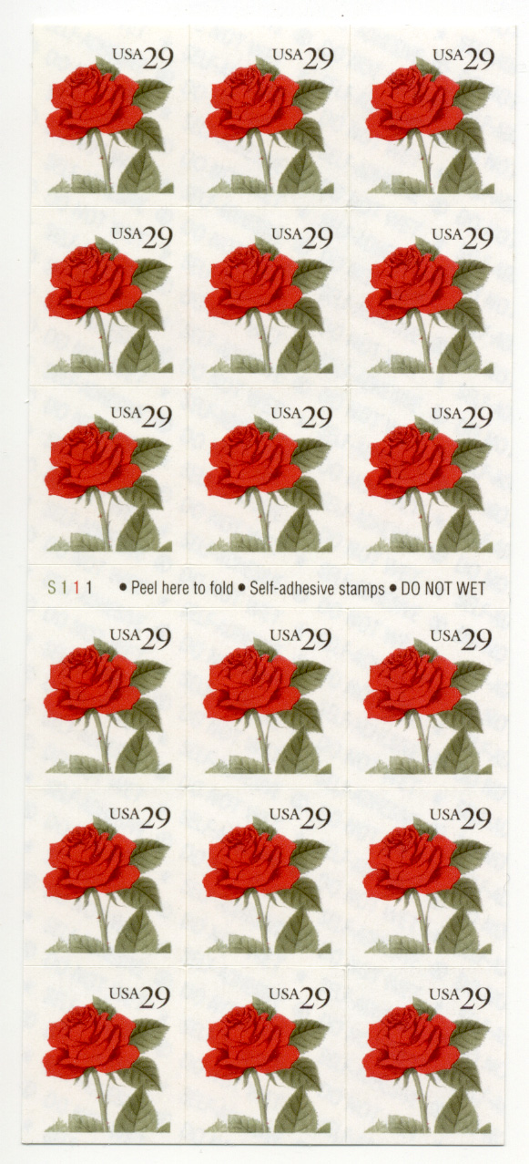 Red Roses 29 Cent Stamps Pane of 18 Scott 2490