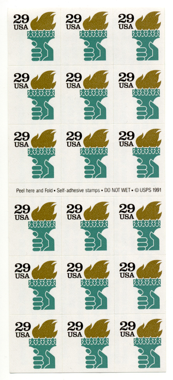 Torch of Liberty 29 Cent Stamps Pane of 18 Self Adhesive Scott 2531A