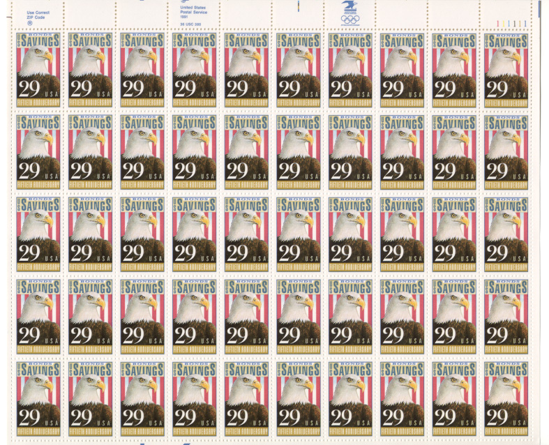 Savings Bonds Fiftieth Anniversary 29 Cents Stamps Full Sheet Scott 2534
