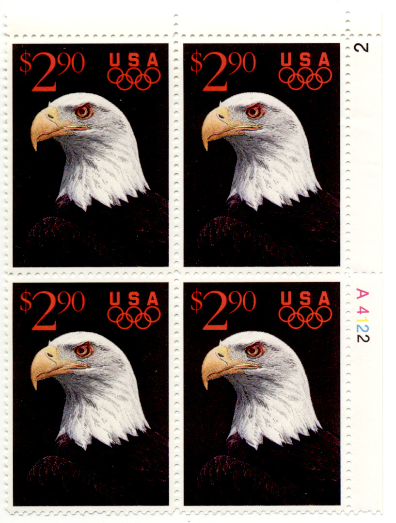 Eagle and Olympic Rings 2.90 Dollar Stamp Plate Block Scott 2540