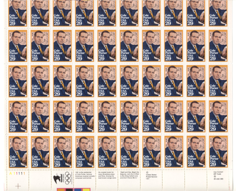 Cole Porter 29 Cents Stamps Full Sheet Scott 2550